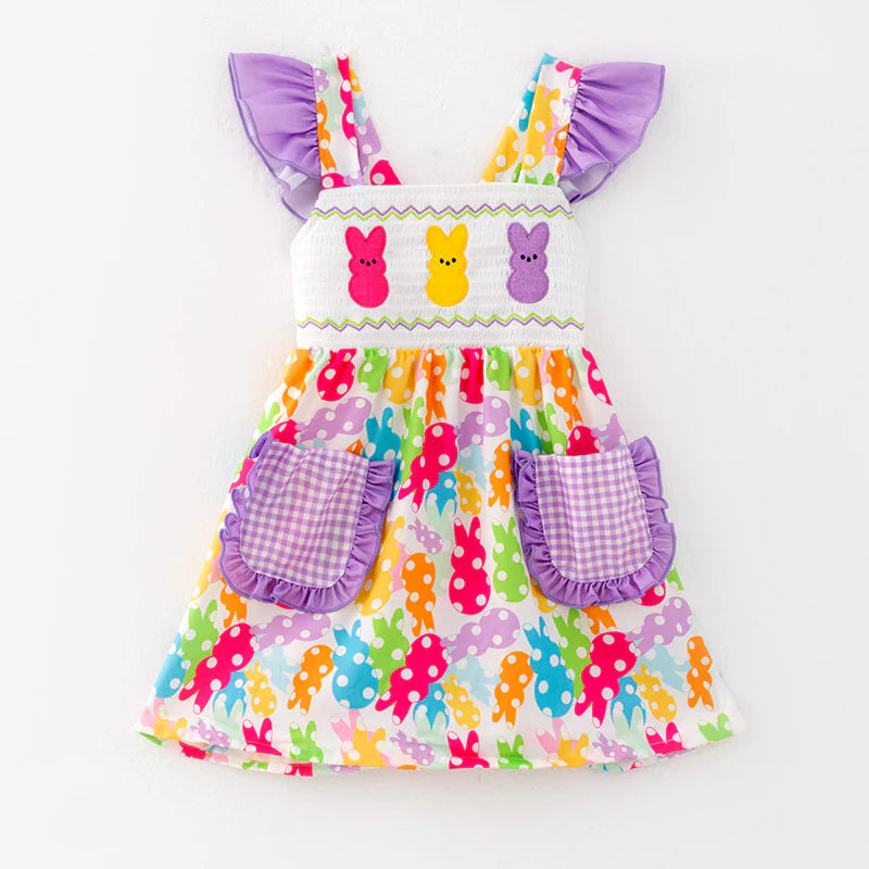 Girls Easter Bunny Embroidery Smocked Dress